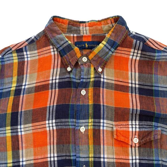 Ralph Lauren Shirt Mens Size 2XL Orange Plaid 100% Linen Button Up Long Sleeves - Picture 1 of 10